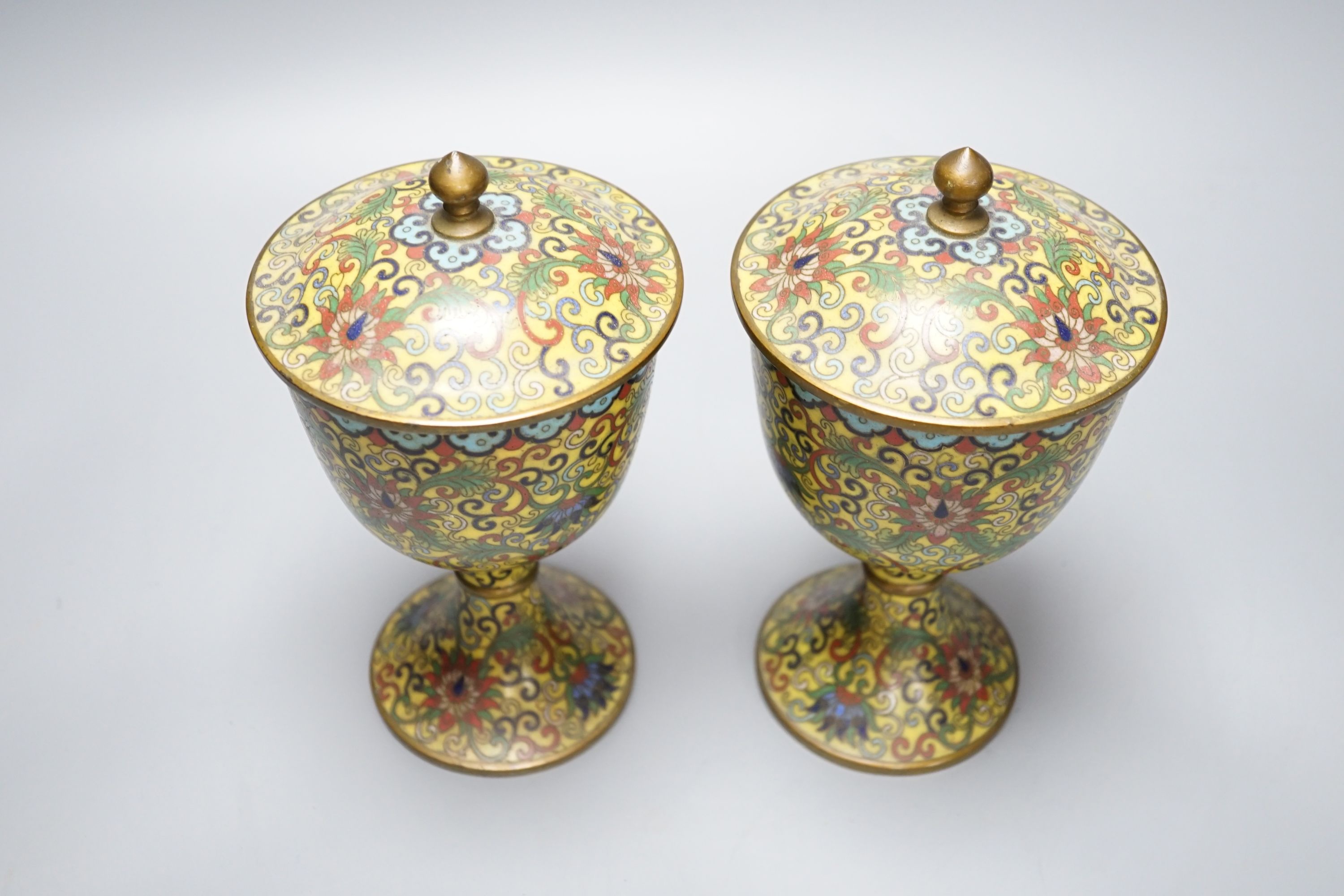 A pair of decorative cloisonné goblets and covers - 22.5cm high